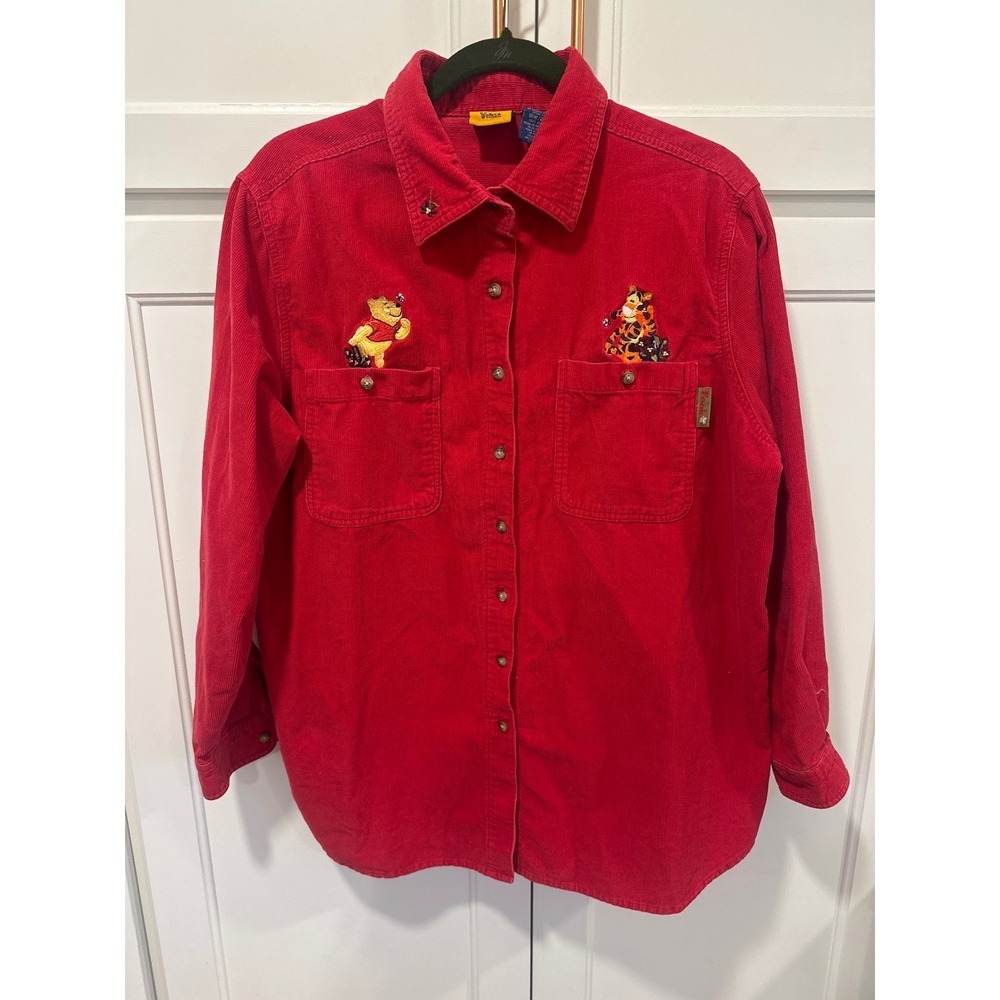 Vintage Womens Red Corduroy Winnie the Pooh Embroidered Button Up Shirt Top 18W